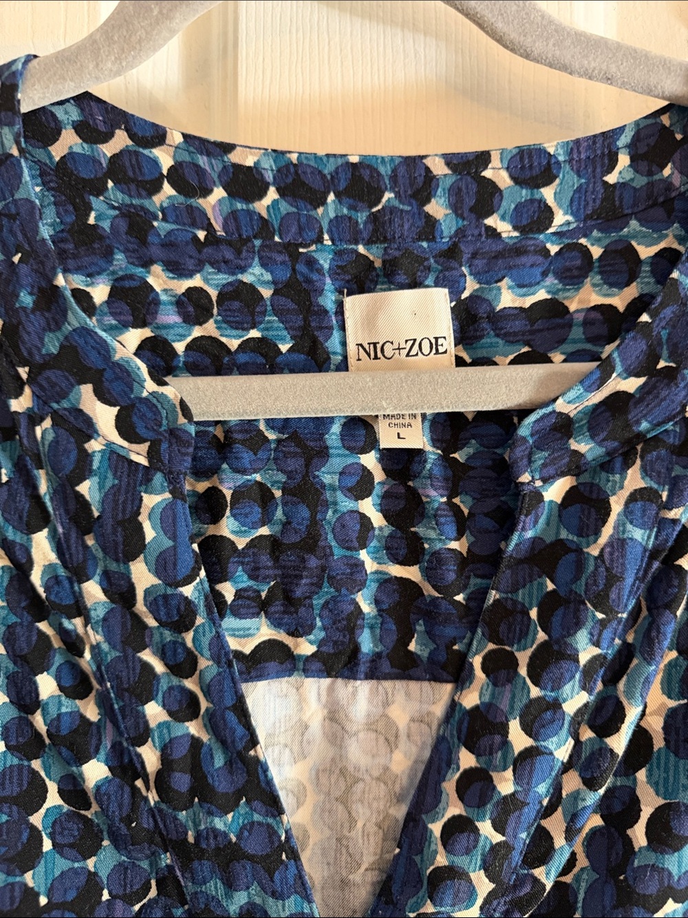 NIC+ZOE good vibes Blue Printed V-Neck Long Sleeve Shift Dress large dot print - Picture 5 of 7